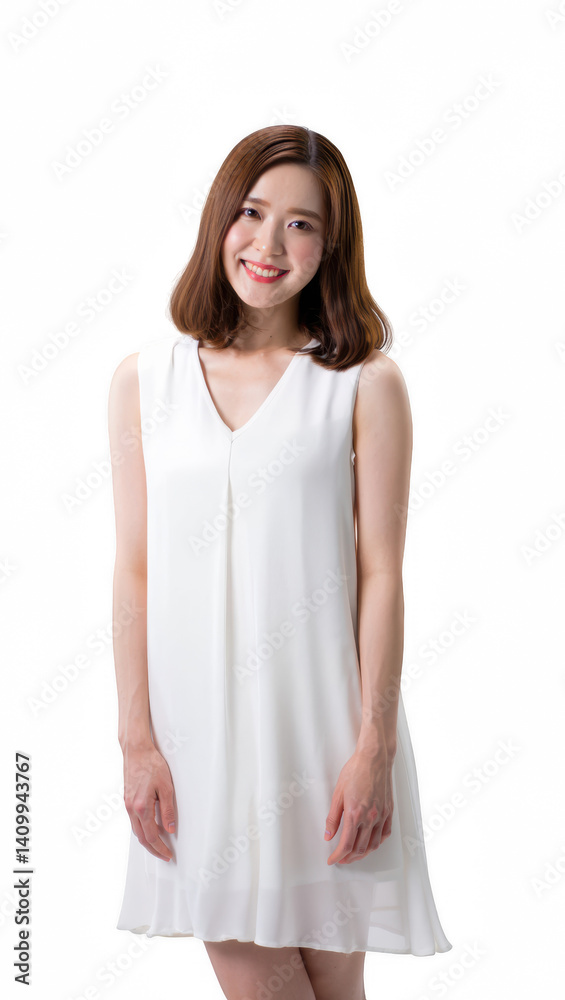Happy woman in white sleeveless dress smiling gently, natural and clean look, isolated on transparent background Happy woman in white sleeveless dress smiling gently, natural and clean look, isolated on transparent background
