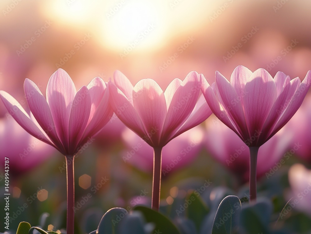 Pink flowers bloom in a field with soft sunlight in the background. Pink flowers bloom in a field with soft sunlight in the background.