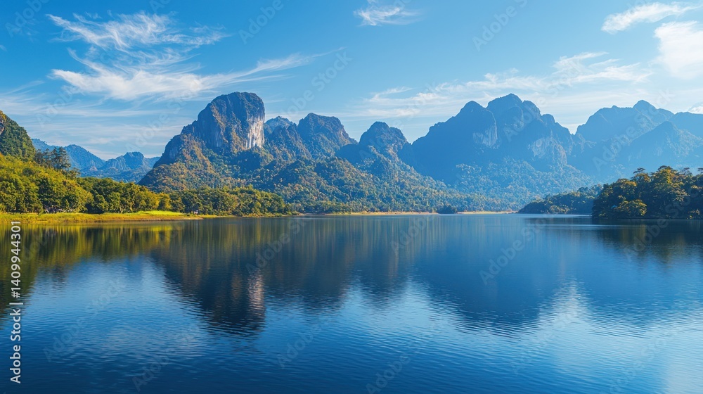 Majestic mountain range with jagged peaks and a serene lake reflecting the scenery Majestic mountain range with jagged peaks and a serene lake reflecting the scenery
