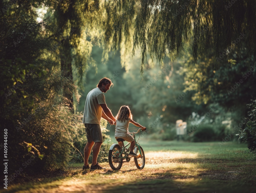 Obraz premium Heartwarming scene of a father teaching his daughter to ride a bicycle in a sunlit park, representing family bonding and childhood memories. Ideal for parenting blogs, family-themed advertising, and l