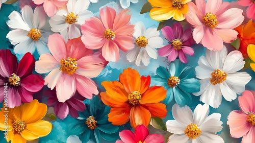 Vibrant Watercolor Flowers on Teal Background, Vibrant watercolor flowers in various colors on a teal background