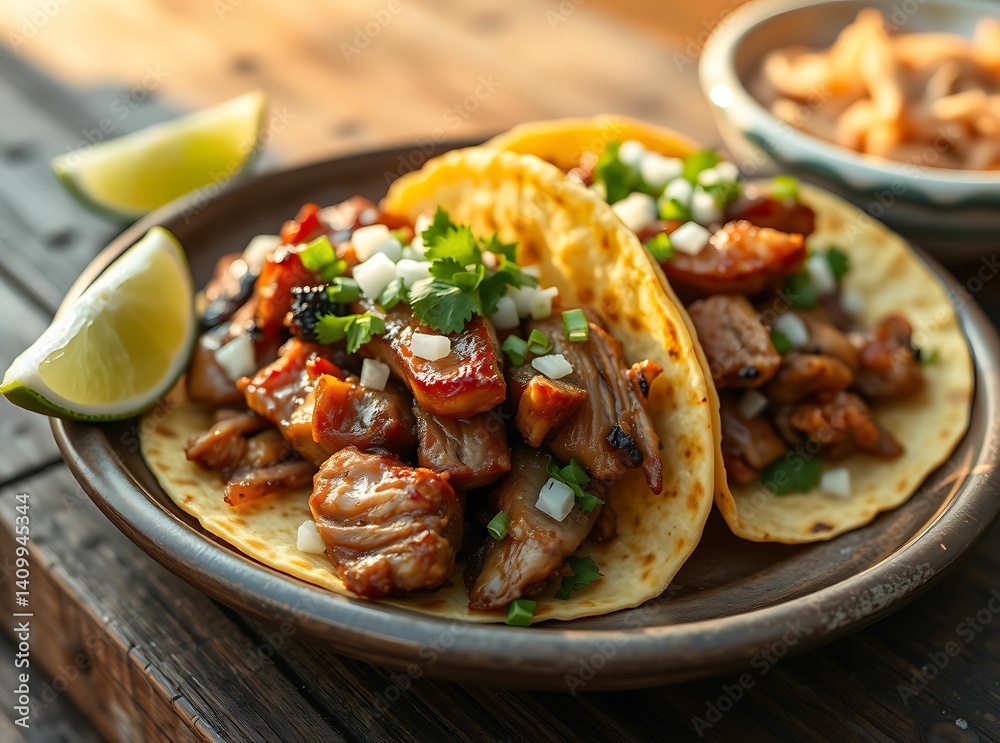 Juicy Mexican carnitas tacos garnished with onions, cilantro, and lime wedges on a rustic plate. Juicy Mexican carnitas tacos garnished with onions, cilantro, and lime wedges on a rustic plate.