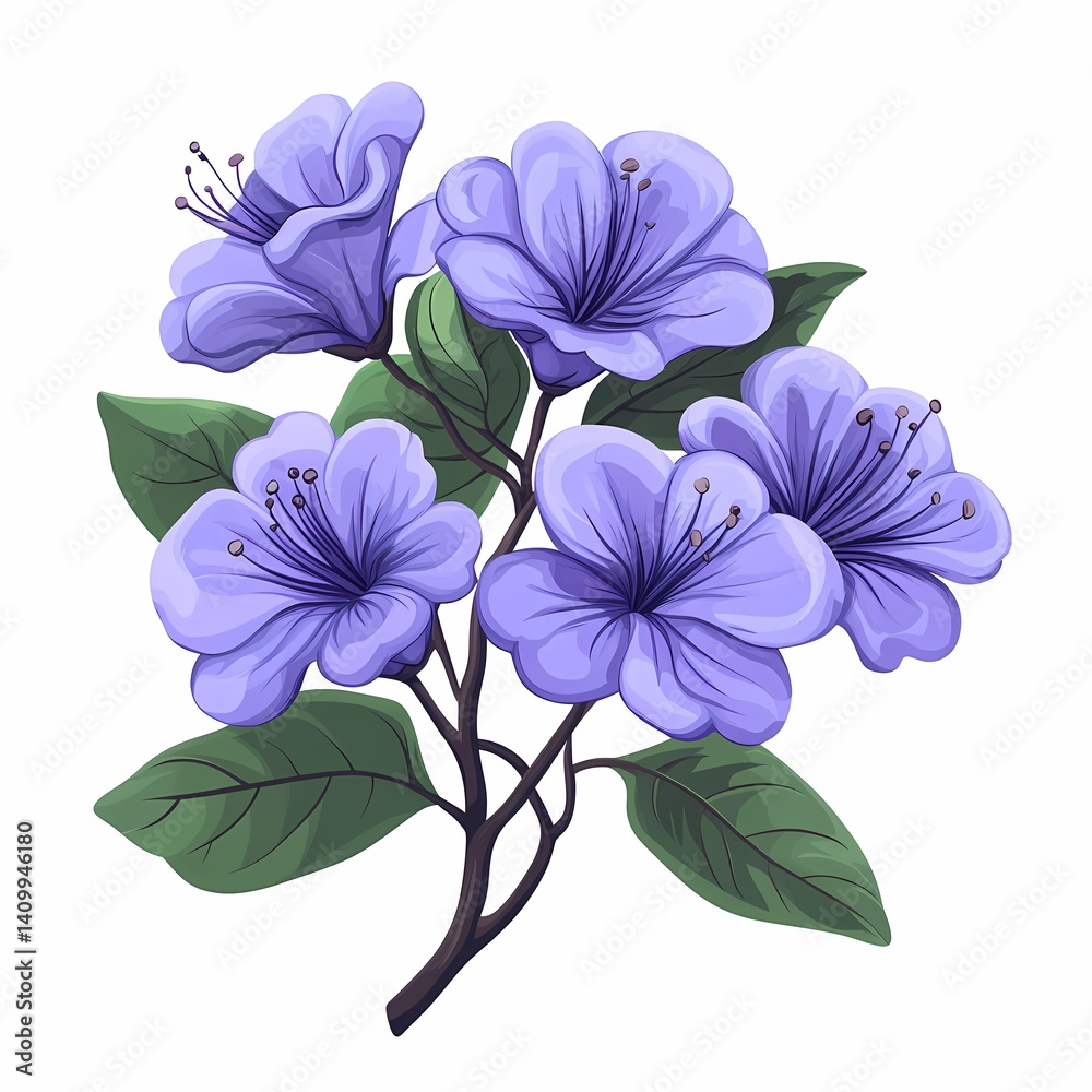 Fototapeta premium Purple Floral Illustration. Abstract Botanical Artwork with Blooming Petals and Leafy Branches - Vibrant Spring Design For Nature Lovers