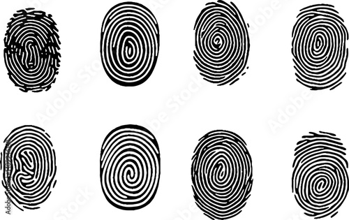 Collection of eight black fingerprint on white background. Fingerprint security access authorization icons illustration.