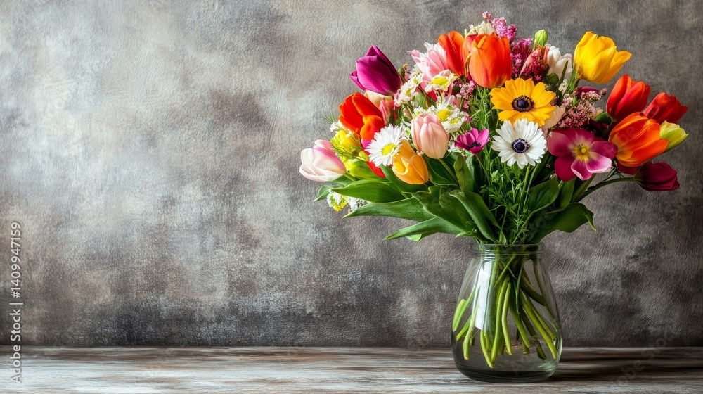Against a basic gray background, a glass vase filled with a diverse array of brightly colored flowers creates a perfect setting for spring and floral-themed creative projects Against a basic gray background, a glass vase filled with a diverse array of brightly colored flowers creates a perfect setting for spring and floral-themed creative projects