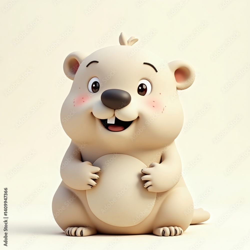 Naklejka premium A charming, cartoonish beaver with a cheerful expression and rosy cheeks. The beaver is in a sitting position and looks friendly