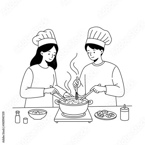 Couple enjoying cooking together in a cheerful kitchen setting  