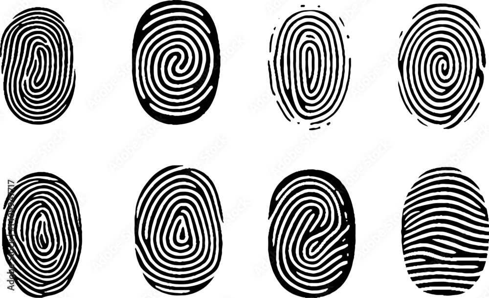 Collection of eight black fingerprint. Fingerprint icon Signature concept for password encryption. to protect information illustration Collection of eight black fingerprint. Fingerprint icon Signature concept for password encryption. to protect information illustration