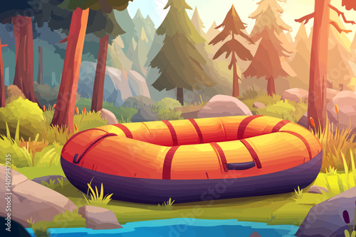 Inflatable boat landscape vector illustration 