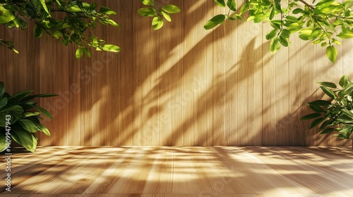 A tranquil outdoor scene with sun-drenched wooden walls and floors, accompanied by the gentle shadows of trees, is well-suited for designs that incorporate natural and rustic elements