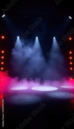Three spotlights pierce smoky haze on a dark stage, enigma, abstract, effect