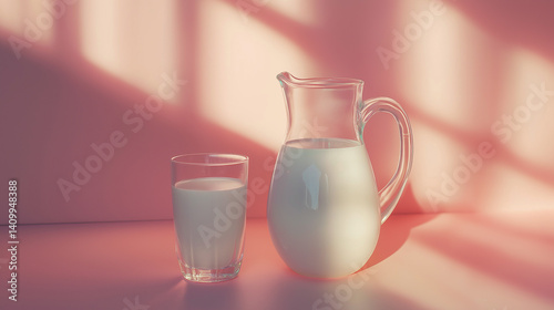 Milk in a jug and a glass, glass jug and glass with milk in a pink room with sunlight, generative ai