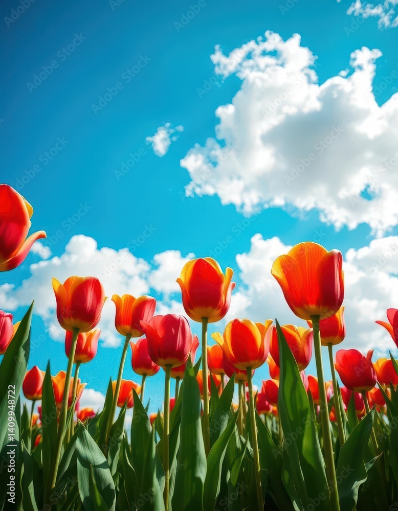 Fototapeta premium Vibrant tulips bloom under a brilliant blue sky dotted with fluffy clouds, scene, daytime, image