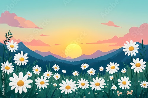 Whimsical Daisies at Sunset. Vibrant Pastoral Meadow Illustration with Lush Mountains