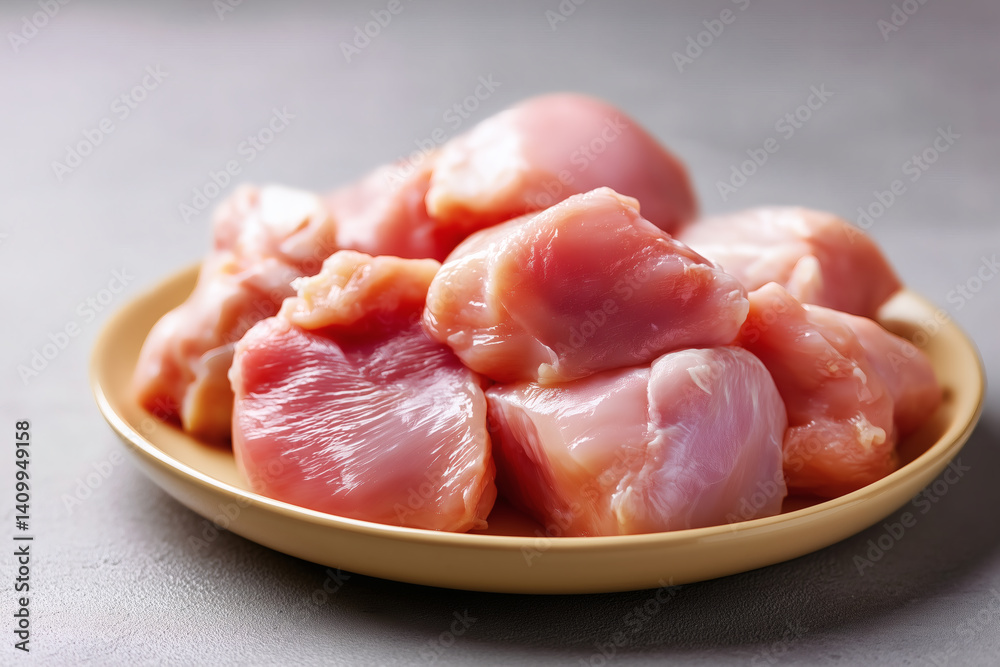 Fresh raw chicken chunks on a plate are ready for cooking and adding flavor to your healthy diet.