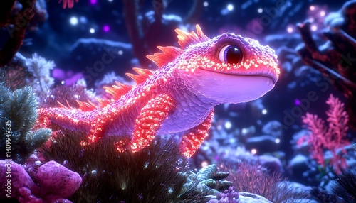Cute lizard, underwater, glowing, fantasy