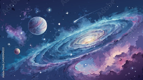  *Cosmic Watercolor Background – Deep Blues & Purples with Swirling Galaxies & Stars (Evoking Wonder & Exploration with Copy Space)* 