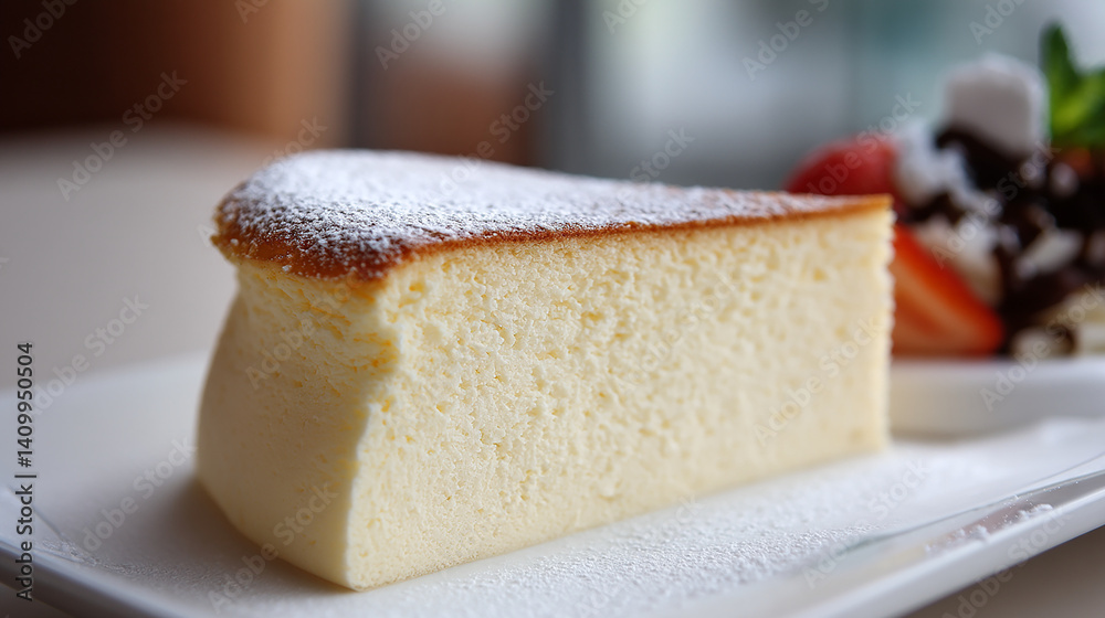 Japanese cheesecake slice soft and jiggly, powdered sugar Japanese cheesecake slice soft and jiggly, powdered sugar