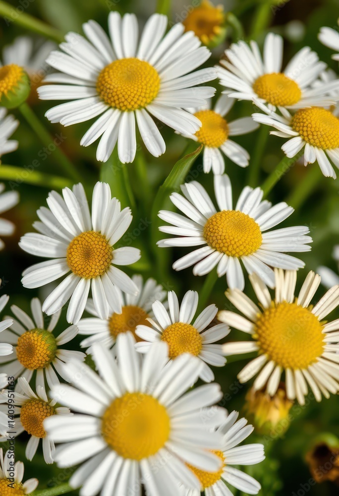 Fototapeta premium Close-up of chamomile flowers and delicate green leaves, tea, nature, summer
