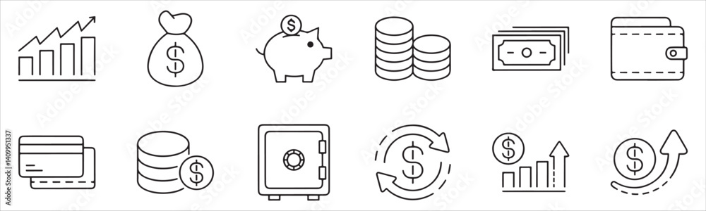 Thin Line Money Icons – Wallet, Piggy Bank, Growth Chart, and Cash Flow Thin Line Money Icons – Wallet, Piggy Bank, Growth Chart, and Cash Flow