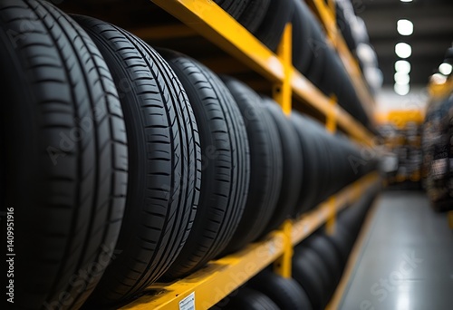 rows of new tires are neatly stacked on yellow shelving in a warehouse or retail setting.