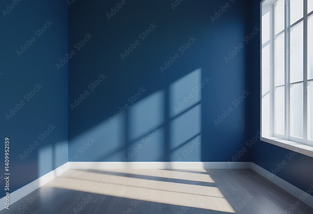 Fototapeta premium a moody, empty room features deep blue walls dramatically lit by strong shadows cast from a bright white-framed window.