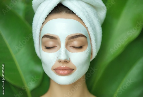 a serene woman with a white facial mask and a white towel wrapped around her head relaxes amidst lush green tropical leaves.