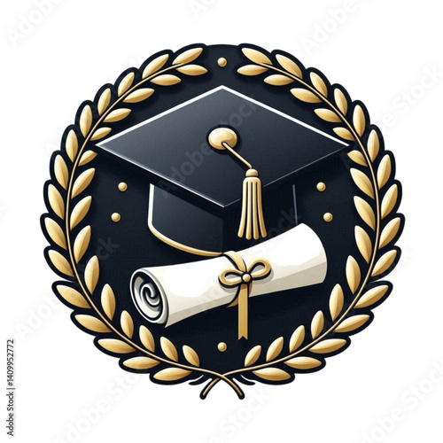 Graduation cap and diploma in a laurel wreath emblem design  