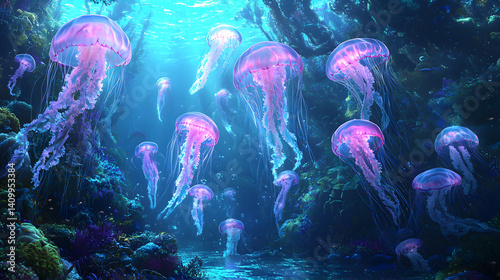 underwater scene with translucent jellyfish illuminating a dense kelp forest with pulsating neon colors 