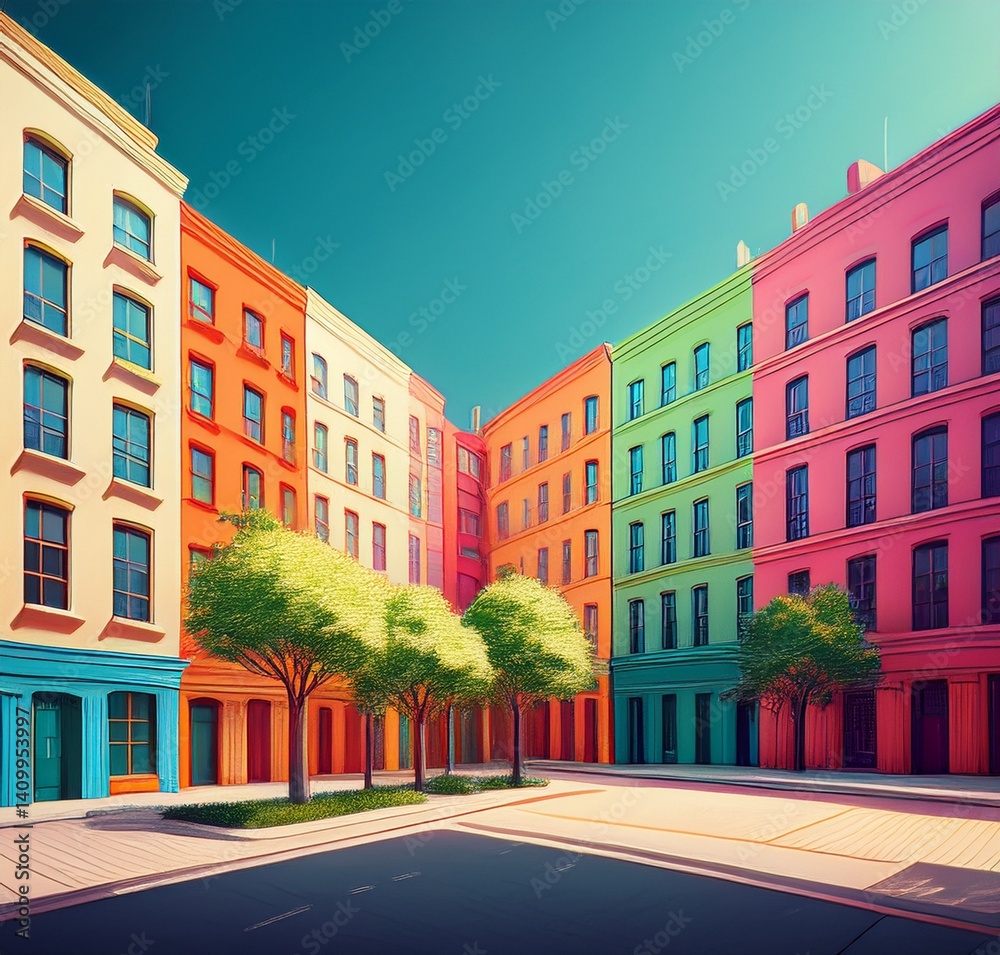 Fototapeta premium Vibrant Colorful Buildings Sunny City Street Scene Delightful Summer Day Urban Architecture