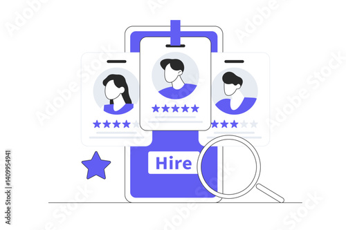 Hiring and recruitment concept, HR management. Human resource managers looking for employees for companies. Flat Cartoon Vector Illustration, icon. Stylish abstract design landing page