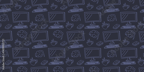 Seamless doodle pattern with computer monitors, keyboards, mice, coffee cups, and clouds on a dark background.