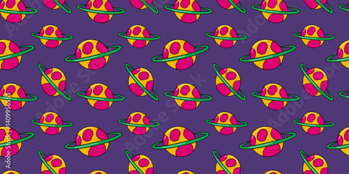 Seamless cartoon pattern featuring colorful planets with rings on a vibrant purple background. Ideal for space-themed designs, children’s products, digital art, and playful cosmic concepts.