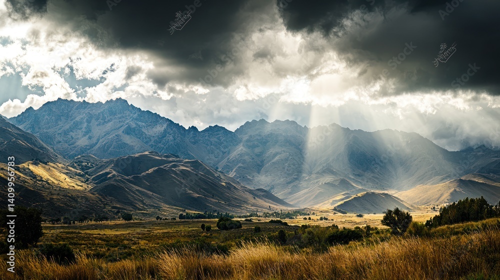 Wide-angle view of a mountain range with dramatic clouds and sunlight peeking through.