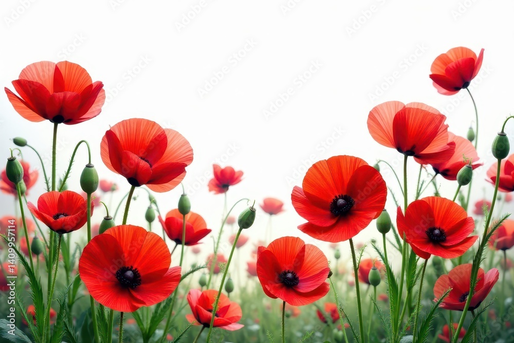 Fototapeta premium Vibrant red poppies, lush bloom, isolated on white , leaves, white background