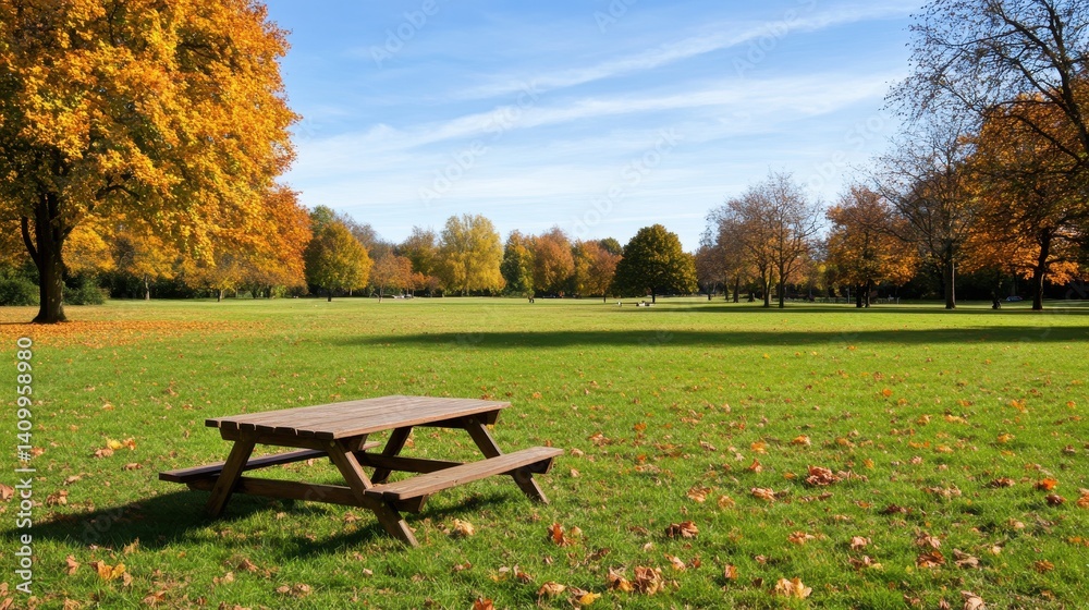 A serene park scene featuring a wooden picnic table surrounded by vibrant autumn foliage under a clear blue sky. A serene park scene featuring a wooden picnic table surrounded by vibrant autumn foliage under a clear blue sky.