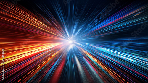 Bright laser rays emanating from the central point on a dark background create an abstract and dynamic energy pattern.