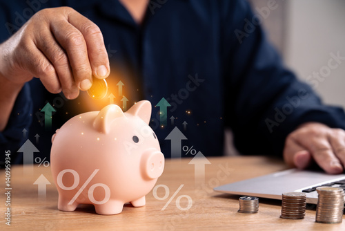 Saving Money Concept and Financial Planning. A person inserting a coin into a piggy bank, financial growth , Income , Retirement Tax Refunds, Stock Market Profit,