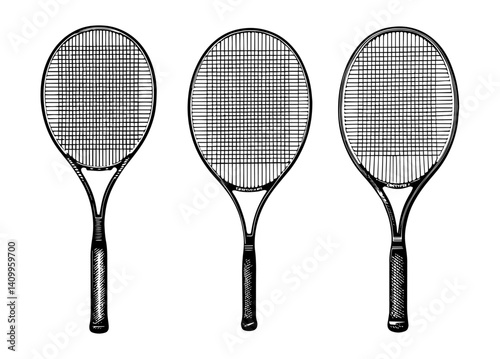 Tennis Rackets Hand-drawn Style, engraved,ink illustration, vector.