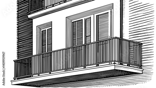 Simple Building Balcony Blueprint Style Black and White Drawing
