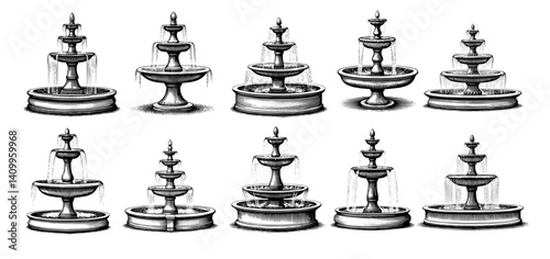 Vintage Fountain Designs Engraving Style Black and White Illustrations