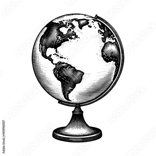 Vintage globe with Americas view in black and white woodcut style for geography
