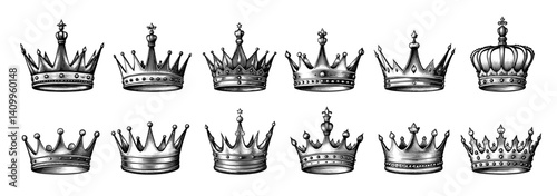 Collection of twelve ornate crowns in black and white in vintage style.