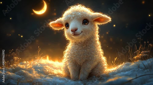 Adorable Lamb Under the Crescent Moon: A Nighttime Fantasy