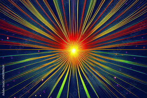 Bright laser rays emanating from the central point on a dark background create an abstract and dynamic energy pattern.