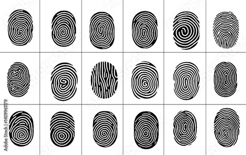 Fingerprint icons. Human thumbprint and finger print icons for security and investigation, biometric id protection and privacy. Vector flat collection stock illustration.