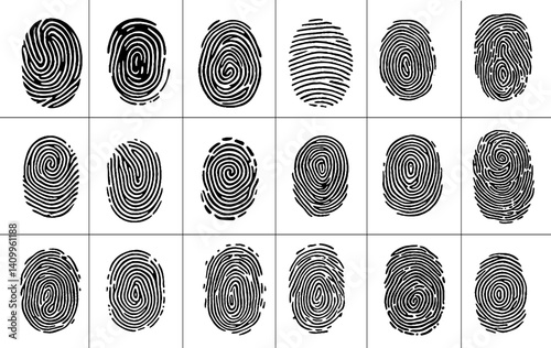 Fingerprint icons. Human thumbprint and finger print icons for security and investigation, biometric id protection and privacy. Vector flat collection stock illustration.
