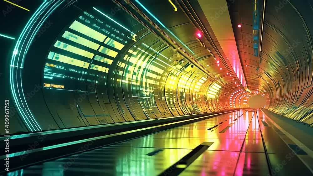Futuristic abstract tunnel with colorful lights and digital patterns