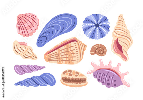 This vector illustration features a vibrant collection of various seashells, showcasing their intricate textures and bright colors. Each shell embodying the beauty of the oceans treasures.