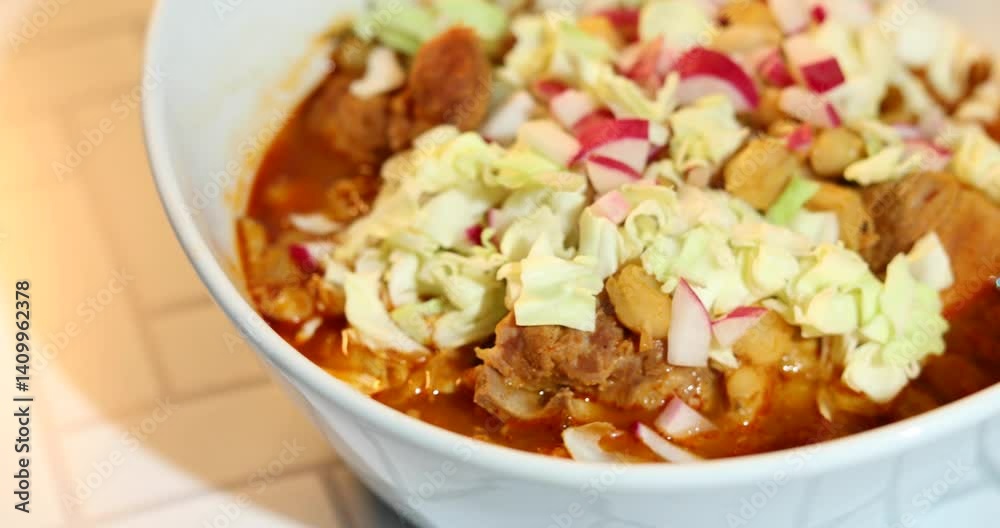 A bowl of red pozole soup with shredded cabbage and radish toppings, in a white bowl on a white brick surface. A bowl of red pozole soup with shredded cabbage and radish toppings, in a white bowl on a white brick surface.